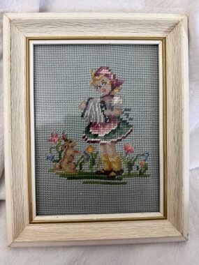 Vintage Hummel Style Needlepoint Framed Art Girl with Bunny 9.75”x 7.75”